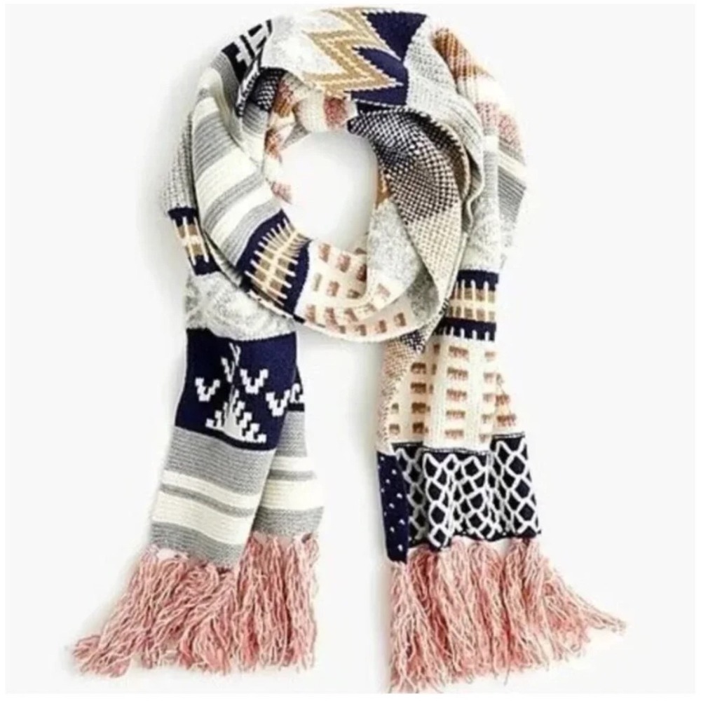 J Crew Oversized Patchwork Knit Scarf Geometric Fair Isle Pink Fringe MultiColor